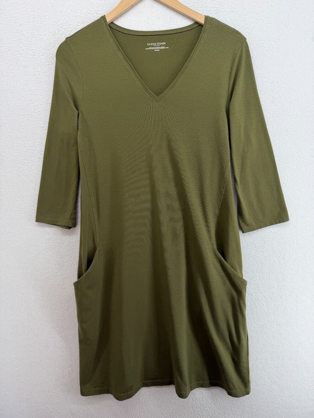 EILEEN FISHER Dress PM Organic Cotton Stretch Jersey Shift 3/4 Sleeve Green USA